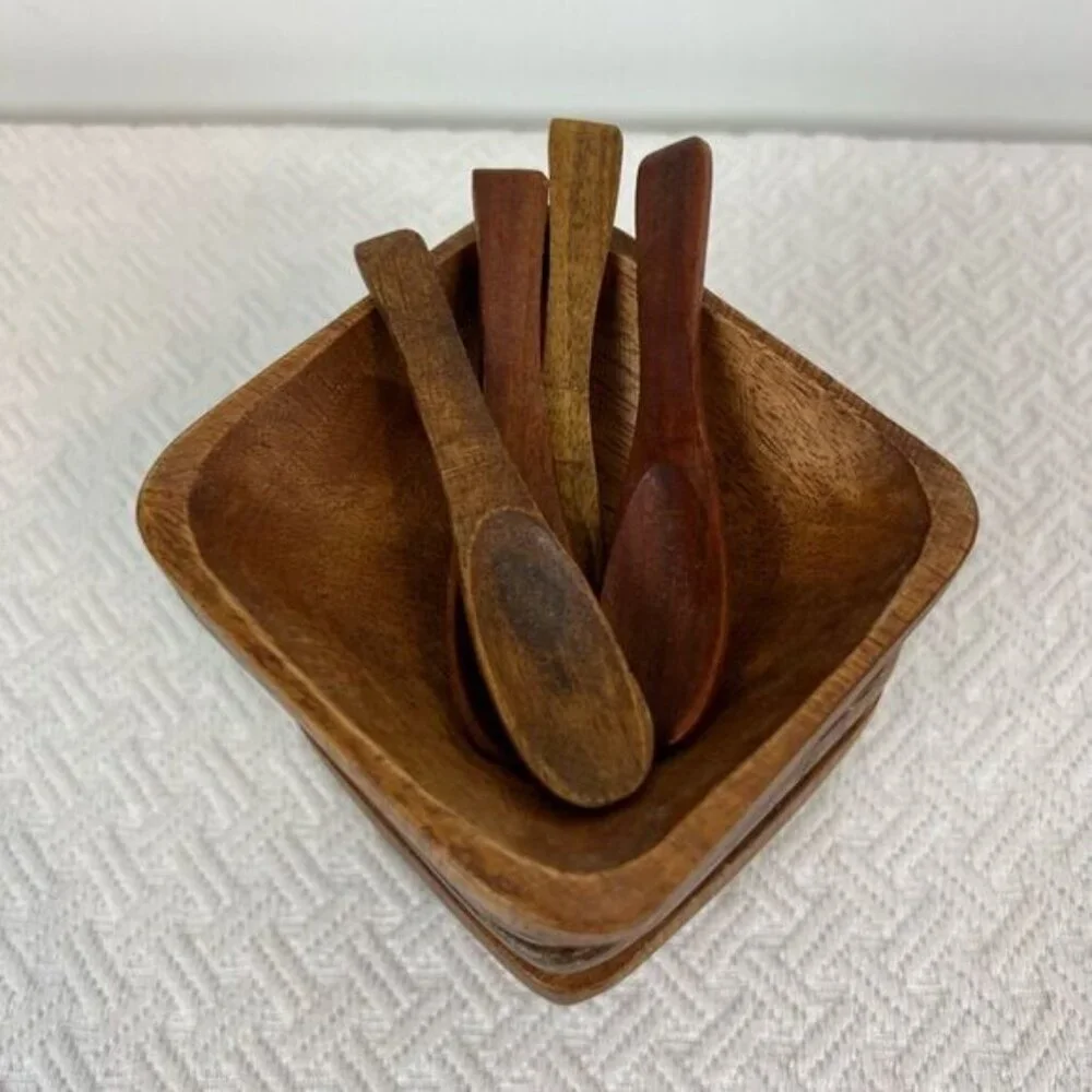 Vintage Antique 8 Piece Teak Wood Primordial Bowl and Spoon Sauce Serve Set - Picture 5 of 13